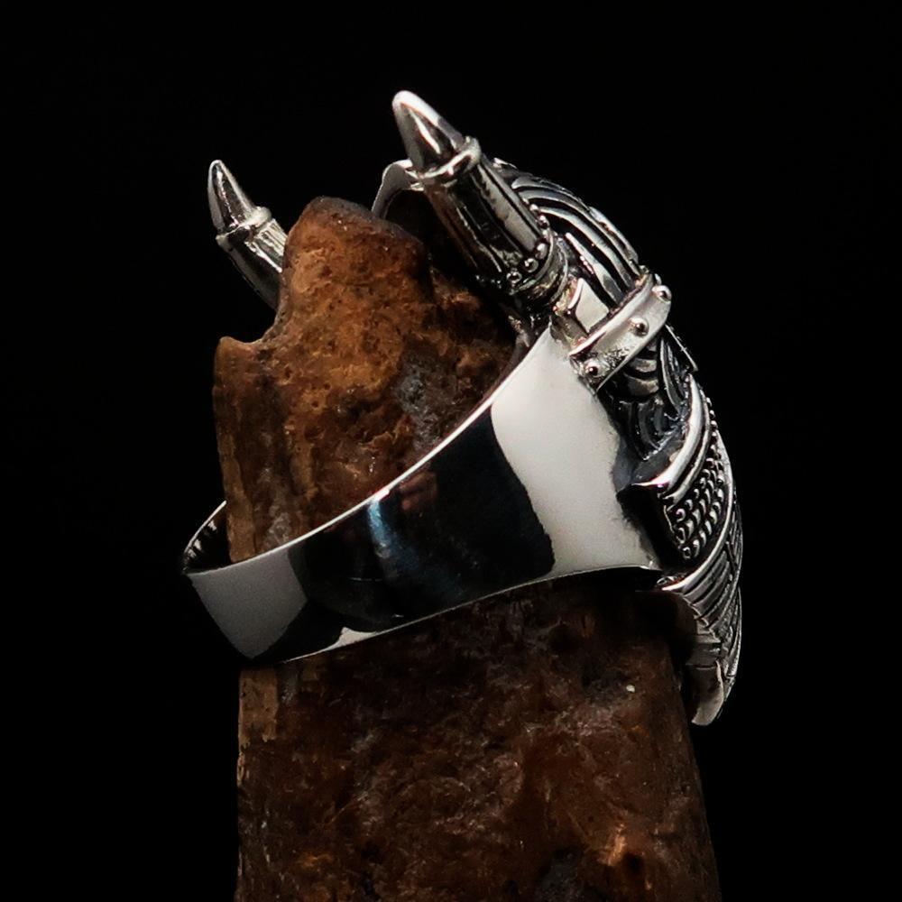 Excellent crafted Men's horned Viking Warrior Ring - antiqued Sterling Silver - SaveHub