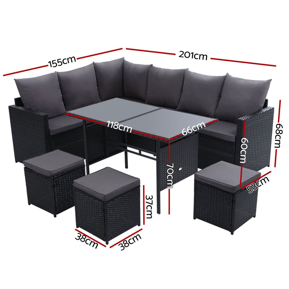 NNEDSZ Outdoor Furniture Dining Setting Sofa Set Lounge Wicker 9 Seater Black - SaveHub