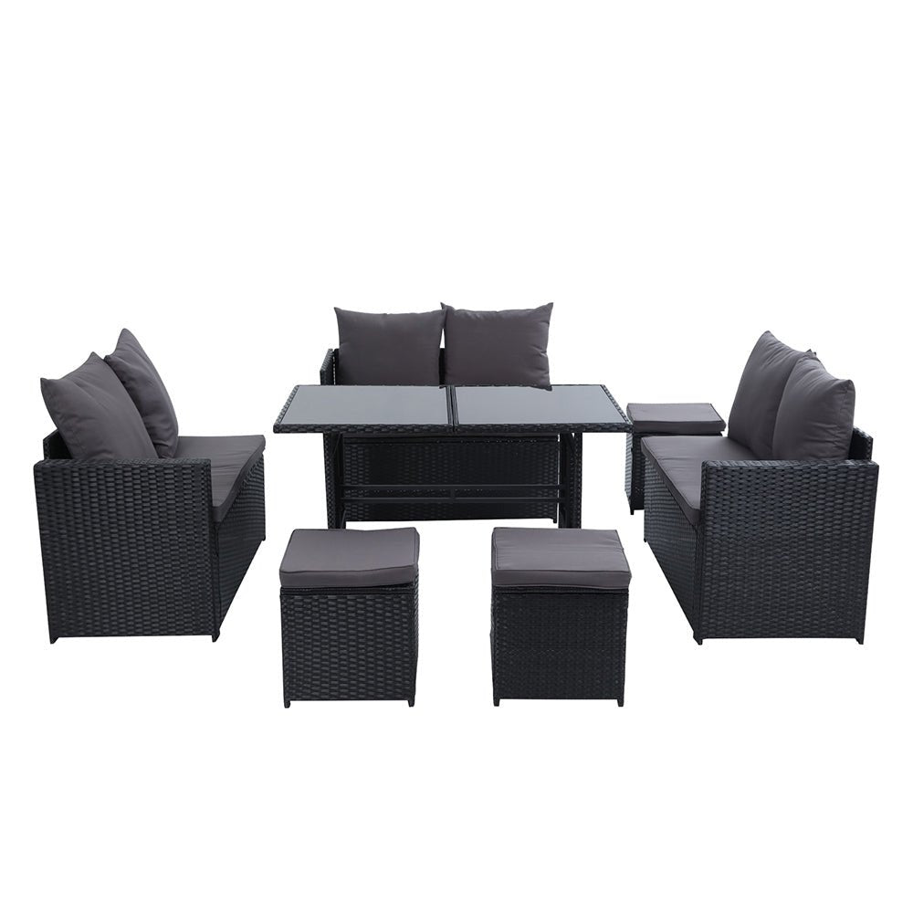 NNEDSZ Outdoor Furniture Dining Setting Sofa Set Lounge Wicker 9 Seater Black - SaveHub