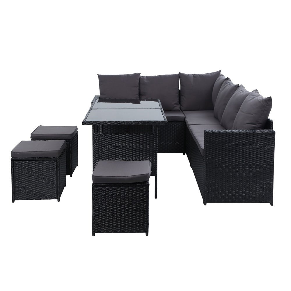 NNEDSZ Outdoor Furniture Dining Setting Sofa Set Lounge Wicker 9 Seater Black - SaveHub