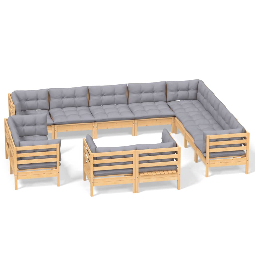 NNEVL 12 Piece Garden Lounge Set with Grey Cushions Solid Pinewood - SaveHub