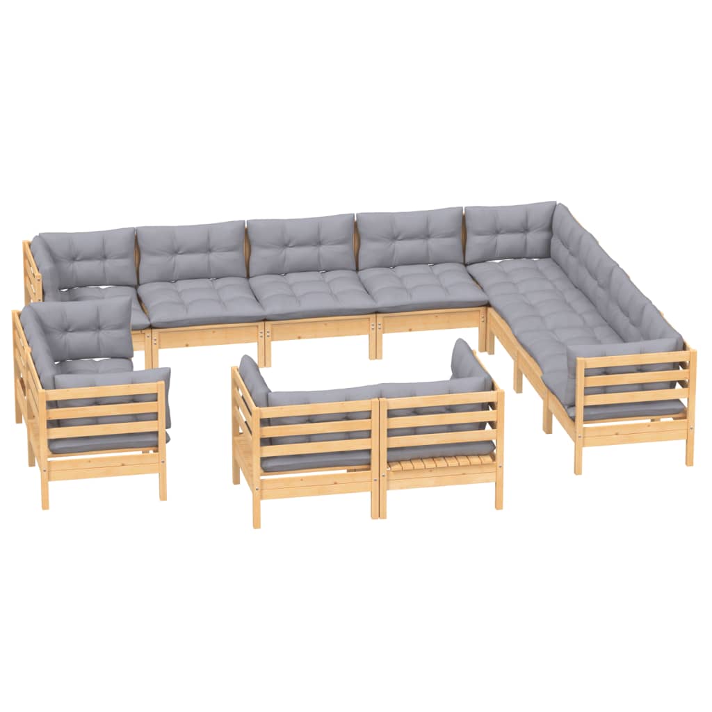 NNEVL 12 Piece Garden Lounge Set with Grey Cushions Solid Pinewood - SaveHub