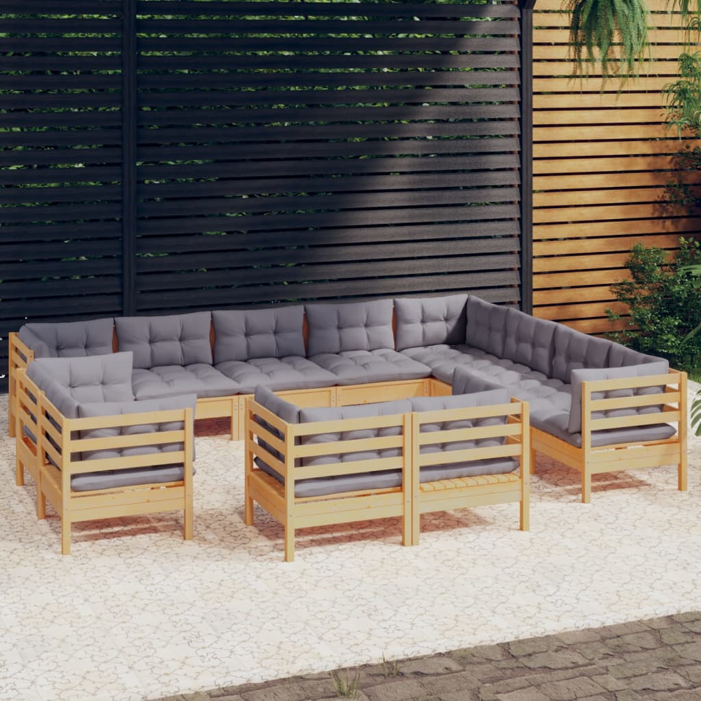 NNEVL 12 Piece Garden Lounge Set with Grey Cushions Solid Pinewood - SaveHub